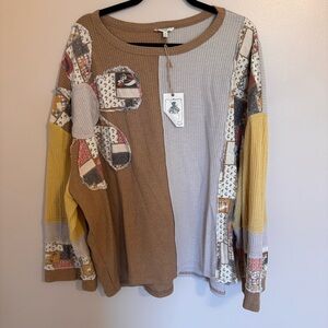 EASEL “Daisy” Mineral Washed Color Block Mix Print Embroidered Oversized Tunic